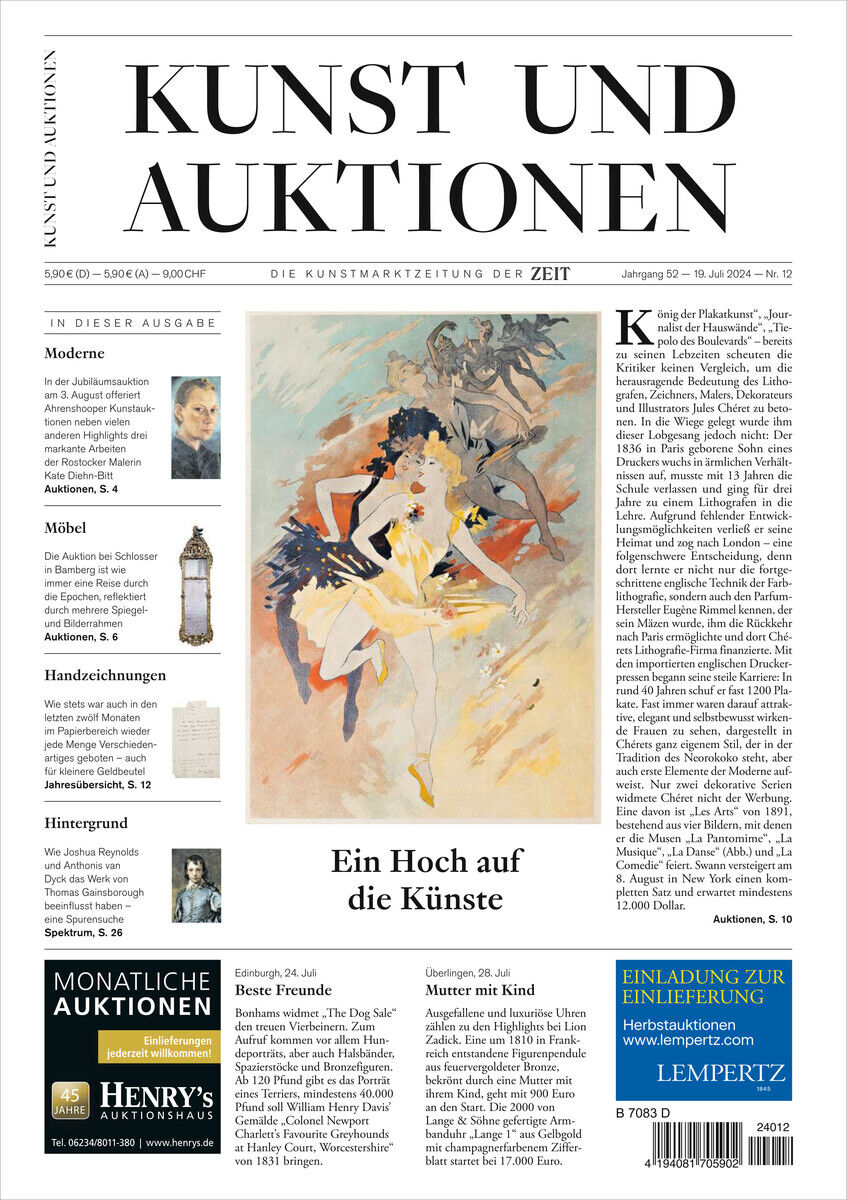 Titelseite der Ausgabe KUNST UND AUKTIONEN 12/24. Ein Bild moderner Kunst dominiert die Mitte. Artikel und Werbung sind um das Bild herum angeordnet. Oben ist der Titel der Zeitung zu sehen.