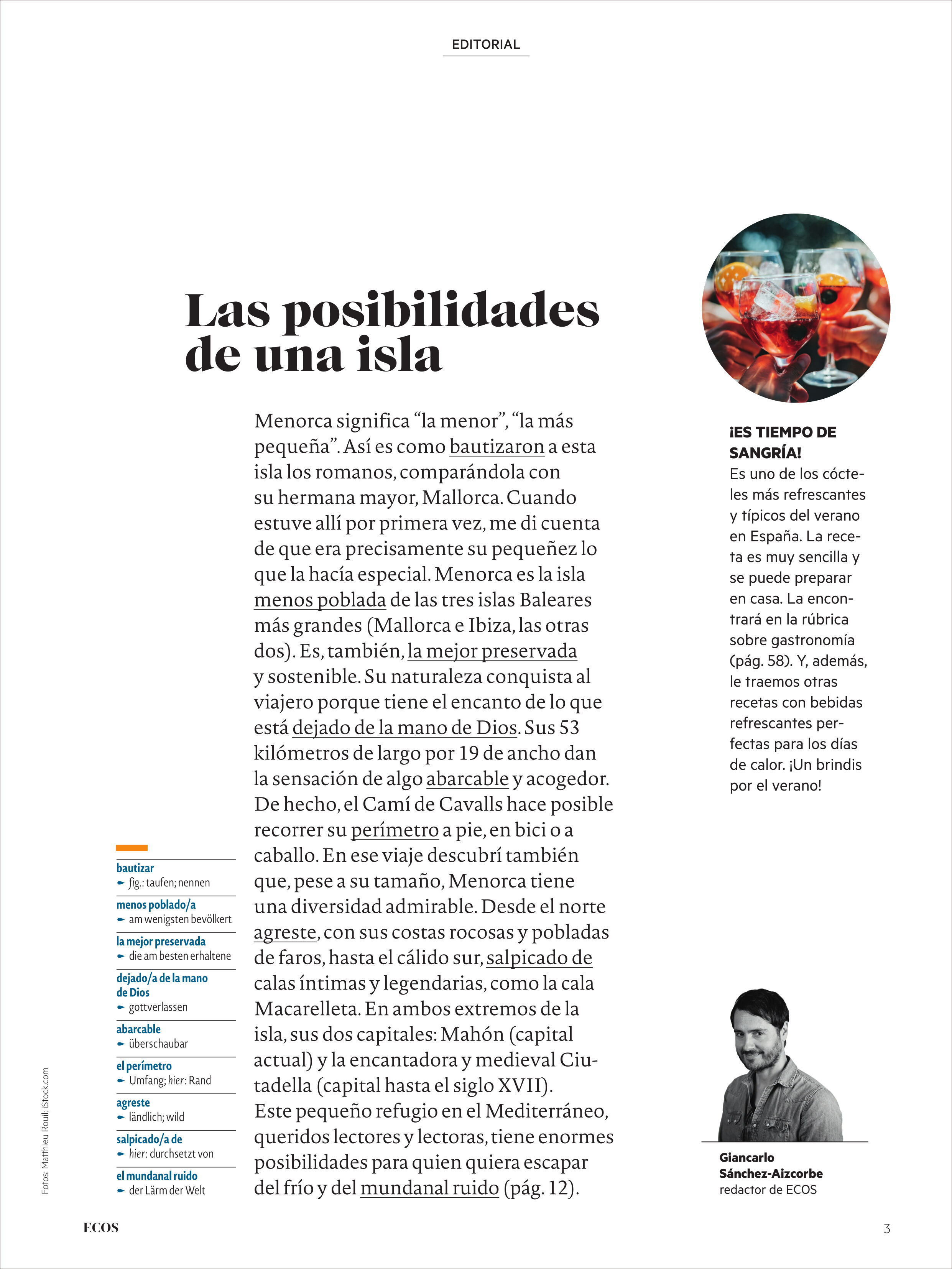 Titelseite eines Magazins mit einem Artikel über Menorca. Links sind Textabschnitte zu sehen, darunter eine Spalte mit Inhaltsverzeichnis. Oben rechts befindet sich ein Bild mit Menschen und orangenen Farben, darunter ein kleineres Porträtfoto eines Mannes. Das Layout ist modern und übersichtlich gestaltet, Hauptfarben sind weiß, schwarz und Akzentfarben wie orange und blau.