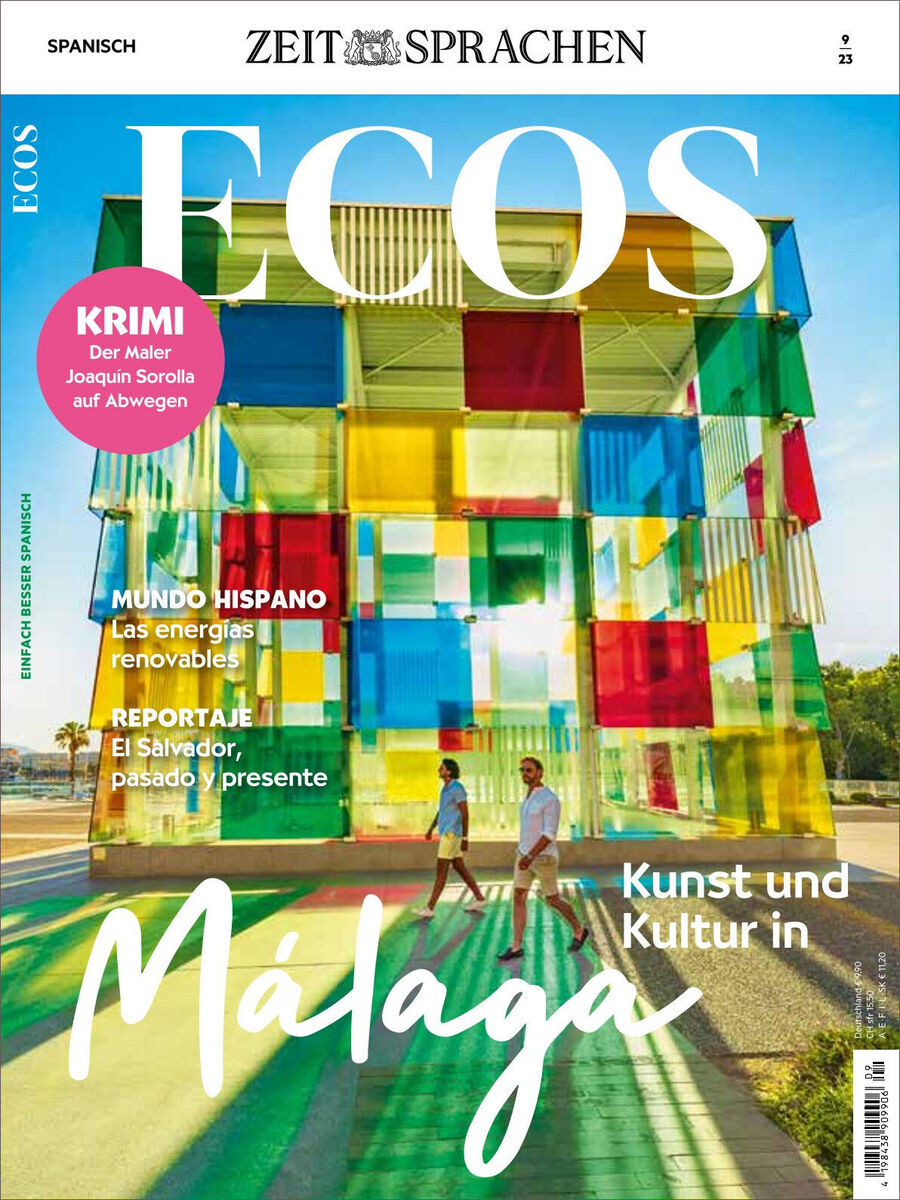 Cover des Ecos Magazins Ausgabe 09/2023. Zwei Personen gehen durch ein farbenfrohes, modernes Bauwerk in Málaga. Der Titel auf Spanisch betont Kunst und Kultur in der Stadt. Weitere Themen sind ein Krimi von Joaquín Sorolla, erneuerbare Energien und eine Reportage über El Salvador.