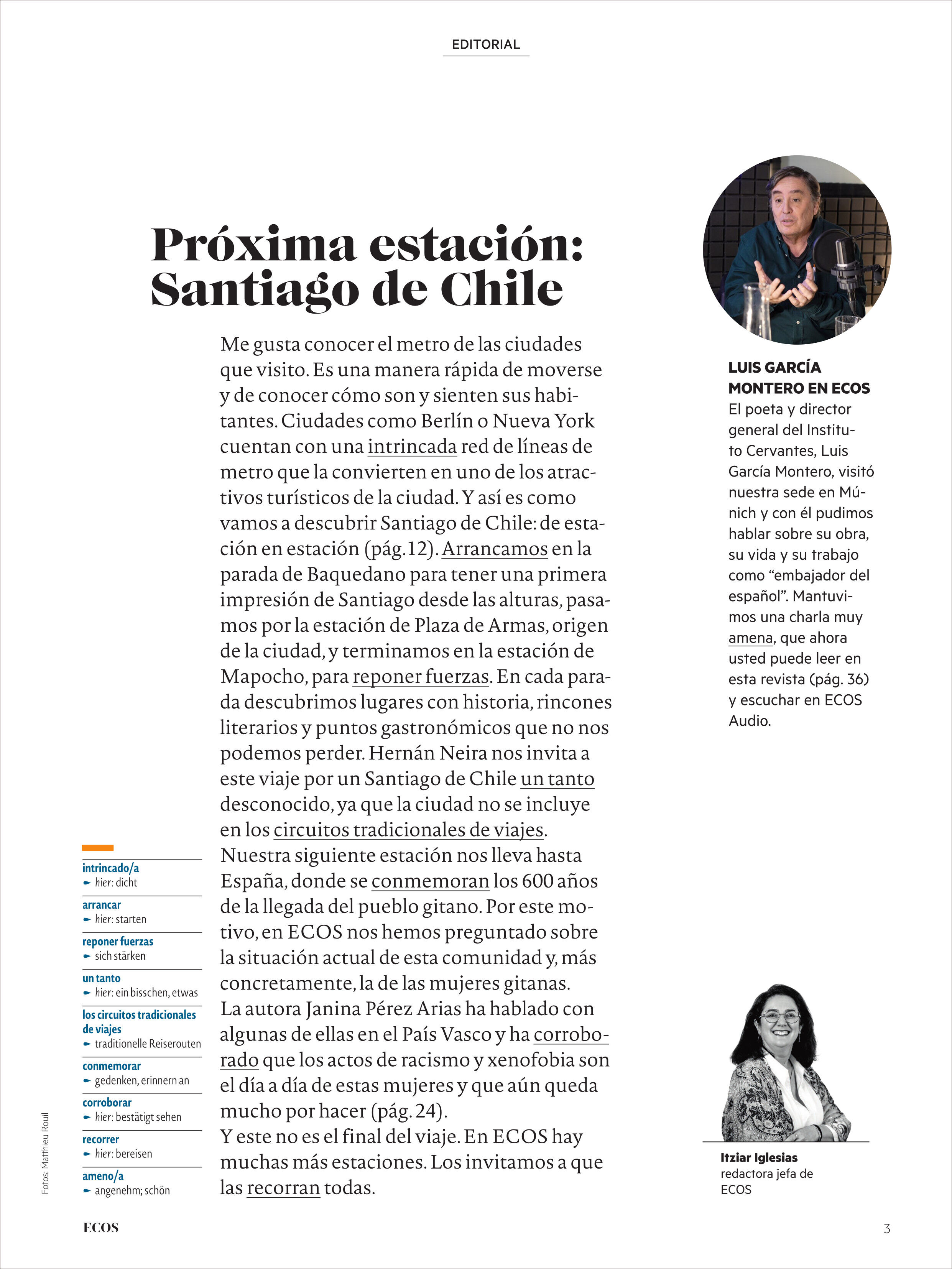 Titelseite eines Magazins mit dem Titel 'Próxima estación: Santiago de Chile', redaktionellem Text zur U-Bahn von Santiago und Porträtfotos von zwei Mitarbeitenden. Die Seite ist schlicht gestaltet, mit verschiedenen Schriftarten, orangenen sowie blauen Hervorhebungen, und dient der Vorstellung der aktuellen Ausgabe des Ecos Magazins.