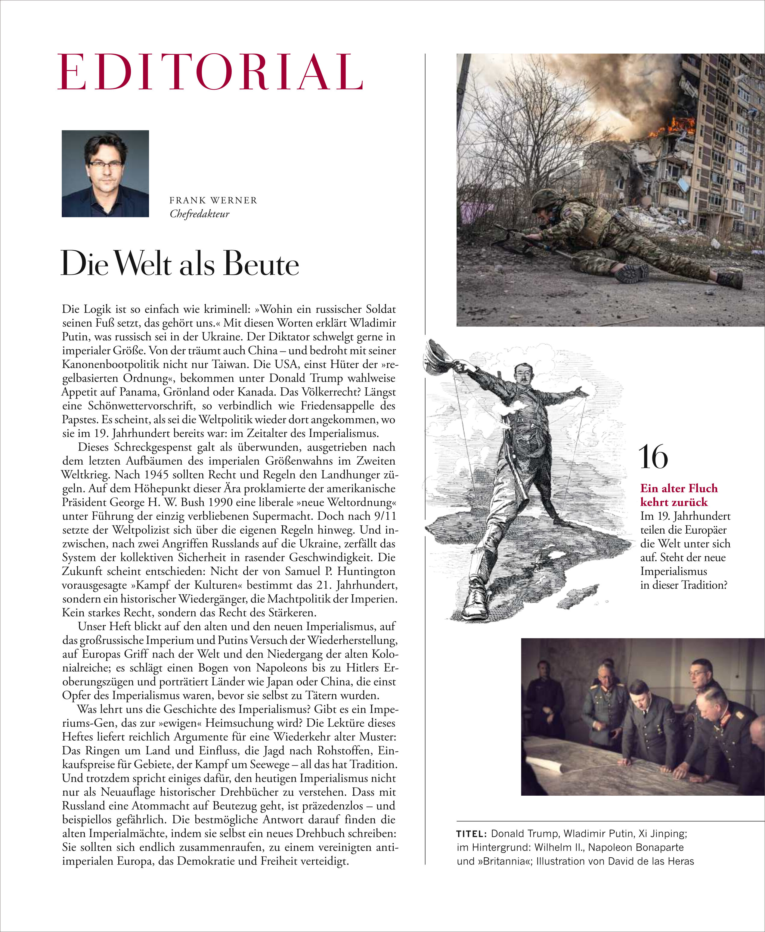 Titelseite der Zeitschrift ZEIT GESCHICHTE 4/25 mit dem Schwerpunkt Imperialismus. Die Seite enthält einen redaktionellen Artikel mit schwarz-weißer Illustration, aktuellem Kriegsfoto eines zerstörten Gebäudes mit Panzern sowie ein Foto einer historischen Inszenierung in gedeckten Farben. Das Layout ist textlastig mit einzelnen roten Akzenten und weißen Hintergrundflächen.