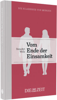 Buchcover zu "Vom Ende der Einsamkeit" von Benedict Wells aus der ZEIT-Edition »Die Klassiker von morgen«. Das Cover zeigt zwei stilisierte, gehende Personen vor dunkelrotem Hintergrund. Titel, Autor und Verlagslogo sind weiß und schwarz hervorgehoben.