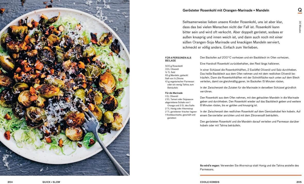 Eine aufgeschlagene Buchseite des Produkts 'Die grüne Küche - Quick + Slow' zeigt ein Rezept für gerösteten Rosenkohl mit Dragnessauce und Mandarinen. Neben dem zubereiteten Gericht sind die Zutaten und die Zubereitungsschritte zu sehen.