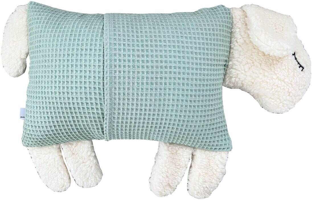 Ein Kuscheltierkissen in Form eines Schafs, mit einem weichen, cremeweißen Plüschkörper und einem rechteckigen Kissen mit hellgrünen Stoff, das als Körper dient.