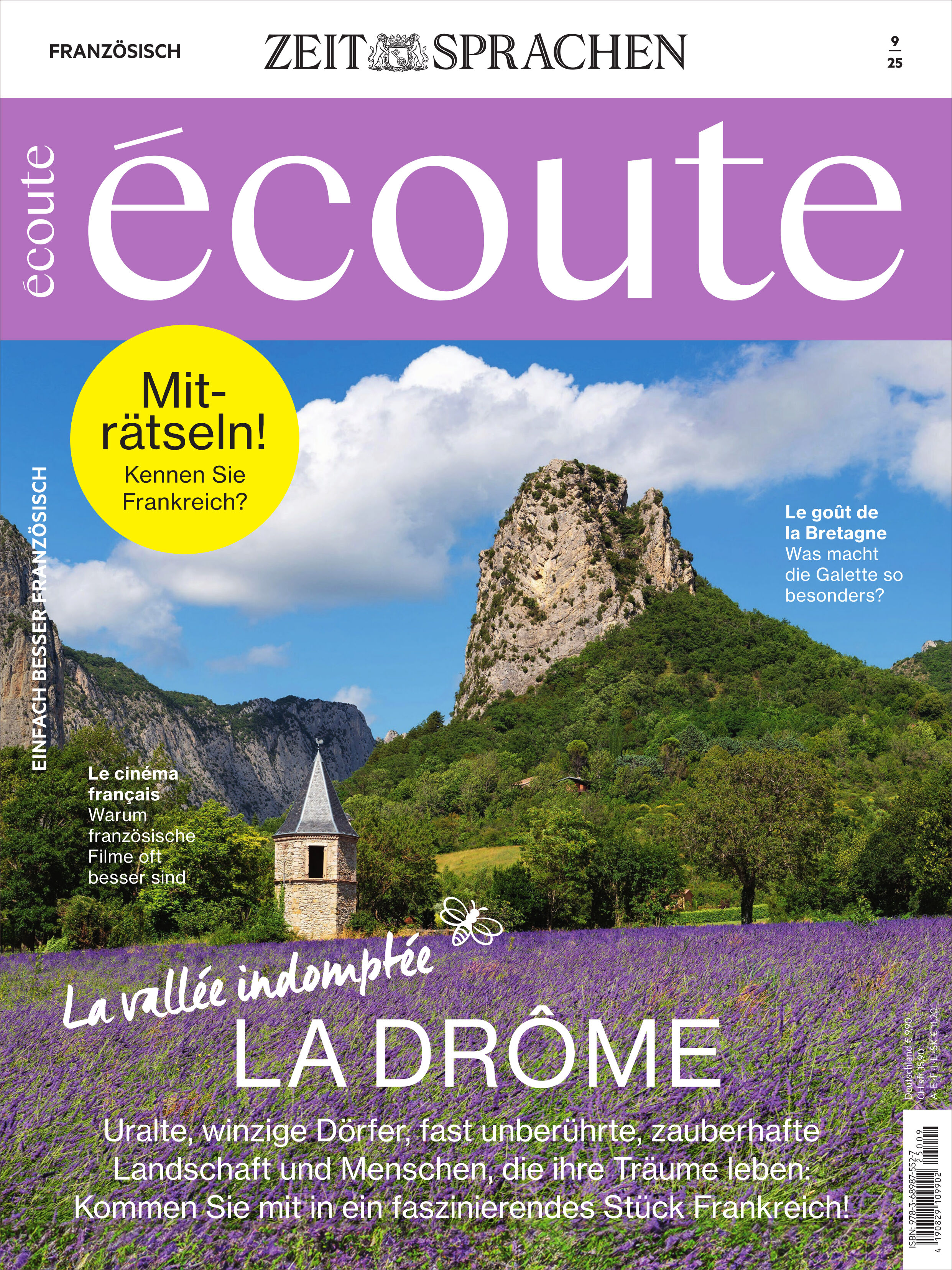 Titelbild des französischen Sprachmagazins 'Écoute', Ausgabe 9/2025, mit einem Lavendelfeld im Vordergrund, rauen Bergen und blauem Himmel im Hintergrund sowie gelben und weißen Texteinblendungen.