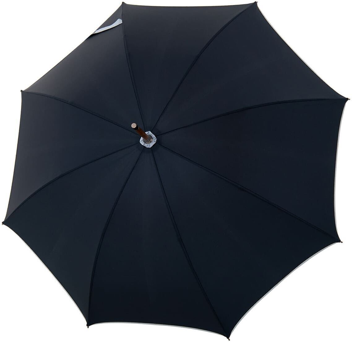 Schwarzer Regenschirm mit Holzgriff, geöffnet in einer Draufsicht.