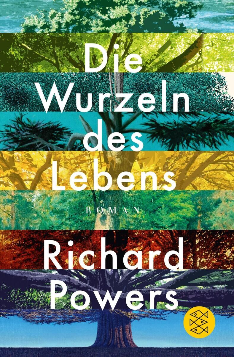 Buchcover des Romans 'Die Wurzeln des Lebens' von Richard Powers. Das Cover zeigt mehrere horizontale Streifen, die verschiedene Baumszenen in unterschiedlichen Farben wie Grün, Blau, Gelb, Rot und Braun darstellen. Der Titel und der Name des Autors sind in weißer Schrift dargestellt.