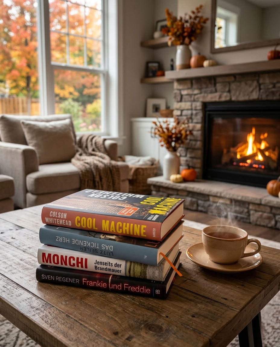 Cortex Alternativtext Gemütliches Wohnzimmer mit Holztisch, auf dem vier Bücher liegen (u.a. 'Cool Machine' von Colson Whitehead und 'Frankie und Freddie' von Sven Regener). Daneben steht eine Tasse Kaffee. Im Hintergrund brennt ein Kaminfeuer, herbstliche Deko und eine bequeme Sitzlandschaft sind zu sehen.