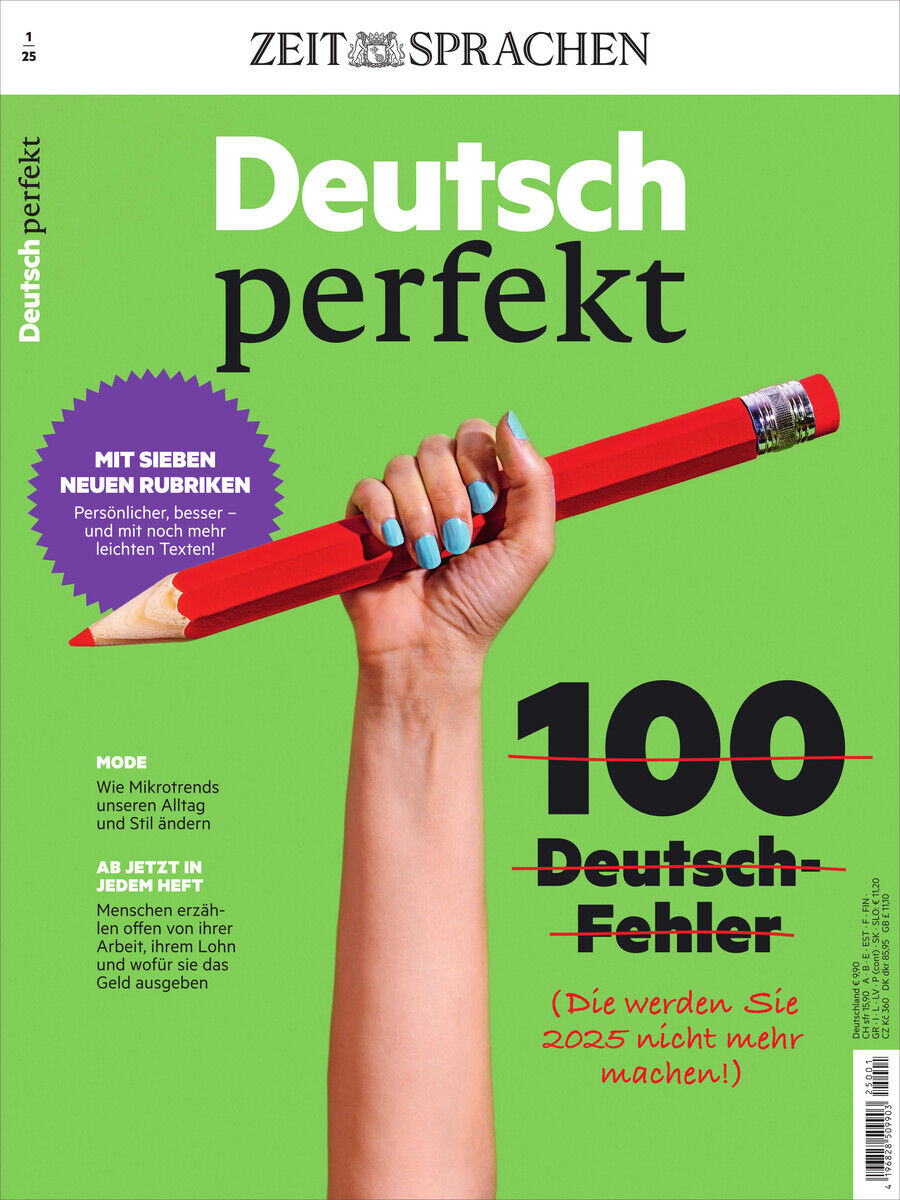 Titelblatt des Magazins 'Deutsch perfekt' Ausgabe 1/25, mit grünem Hintergrund, einem großen roten Bleistift und Text über 100 Deutsch-Fehler. Oben steht 'ZEIT SPRACHEN'.