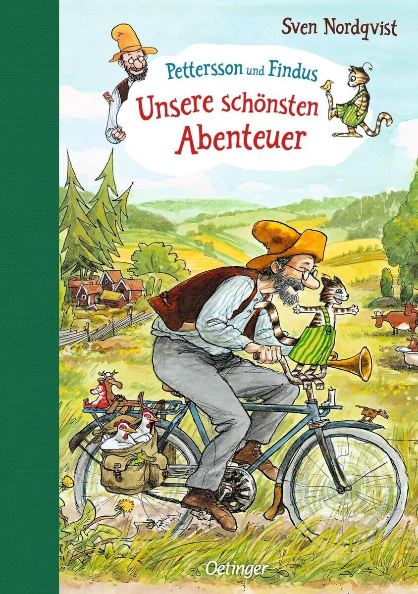 Buchcover: Pettersson und Findus. Unsere schönsten Abenteuer. Illustration eines älteren Mannes mit Katze auf einem Fahrrad auf dem Land. Im Hintergrund Bauernhof und Natur. Titel geschrieben in roter und blauer Schrift. Autor: Sven Nordqvist. Verlag: Oetinger.