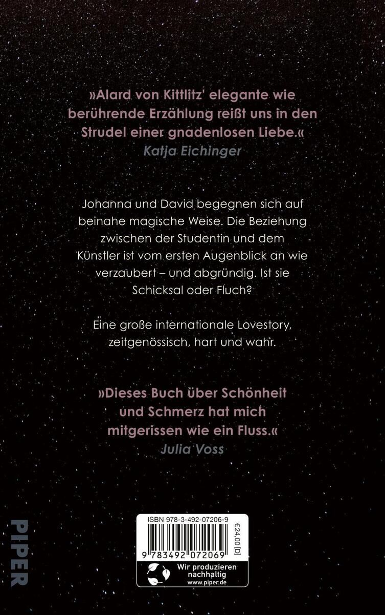 Rückseite des Buches 'Kismet' von Alard von Kittlitz, veröffentlicht von Piper Verlag. Enthält Zitate über die Geschichte einer leidenschaftlichen und magischen Liebesbeziehung.
