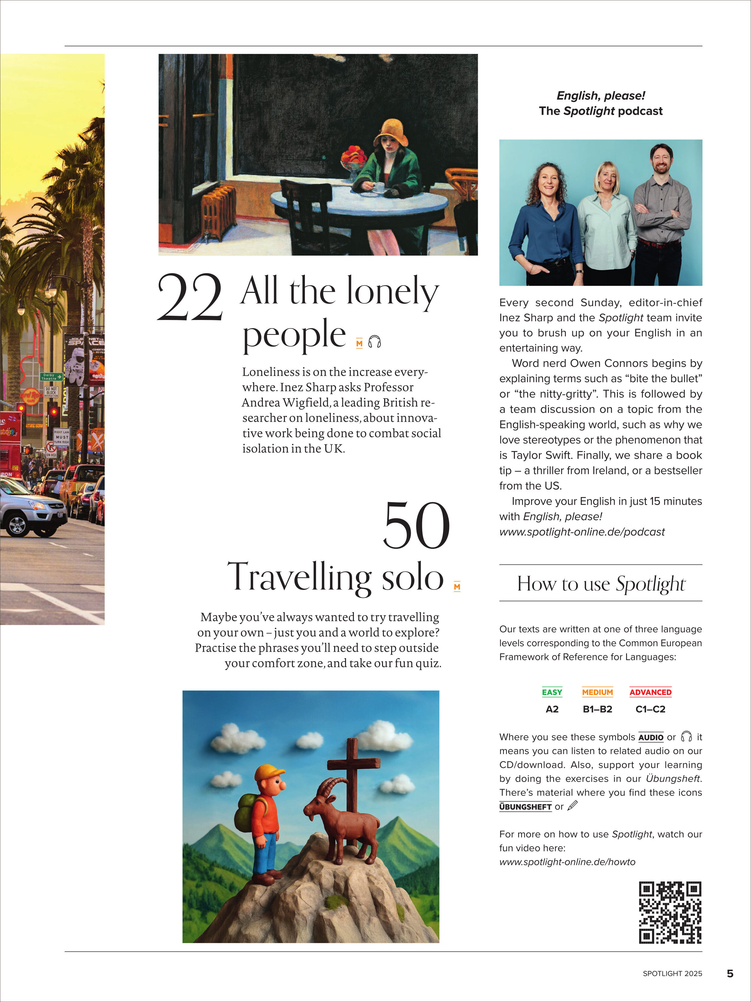 Titelseite des Spotlight Magazin 13/2025 mit Themen wie Alleinsein, Englischlernen und Reisen. Das Layout enthält Fotos von Kalifornien und Playmobil-Figuren auf einem Berg, Portraitfotos von drei Moderatoren eines Podcasts und Textbeiträge zu gesellschaftlichen Fragen und Sprachpraxis. Farben sind überwiegend blau, beige und braun.