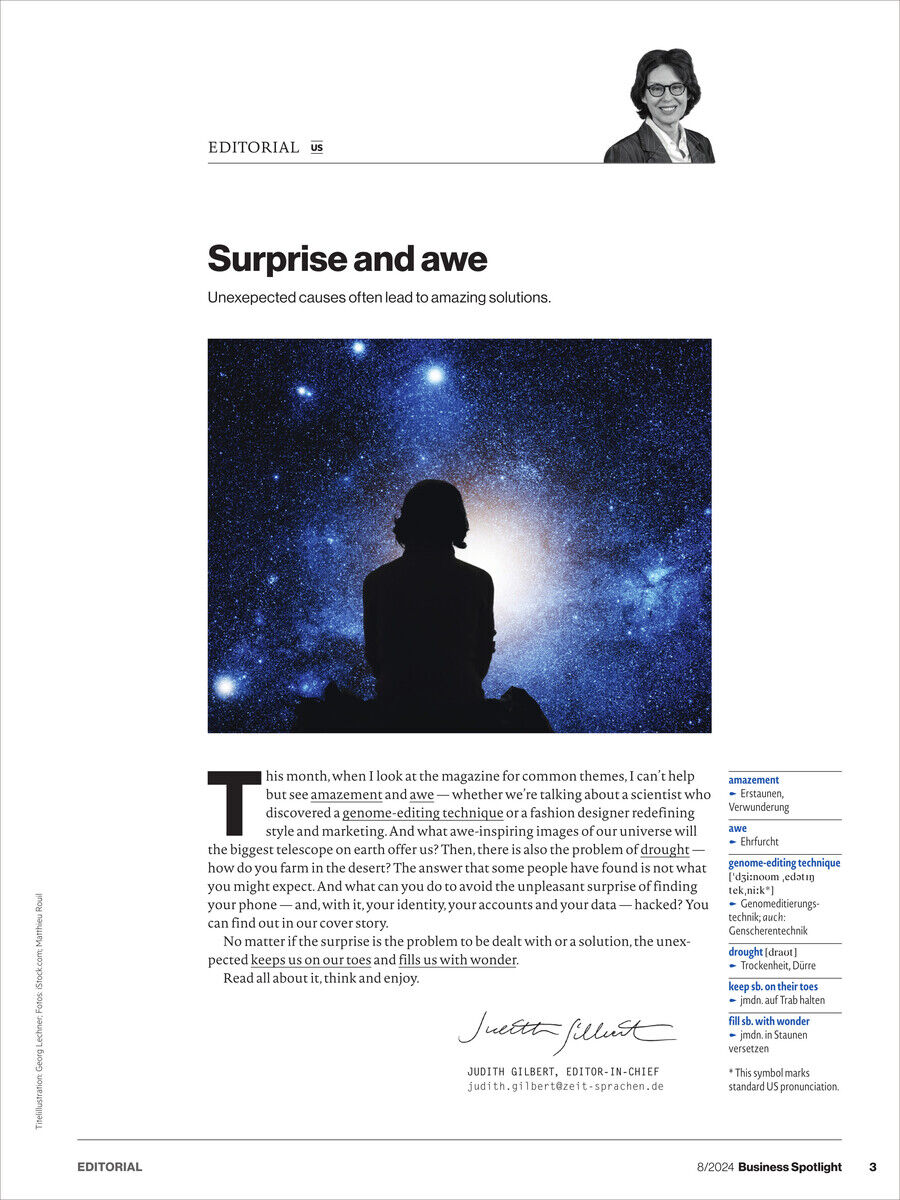 Business Spotlight Magazin Ausgabe 08/2024. Eine redaktionelle Seite mit der Überschrift 'Surprise and awe' und einem Bild einer Person, die vor einem Sternenhimmel sitzt. Der Text beschreibt überraschende Lösungsansätze für Geschäftsprobleme.