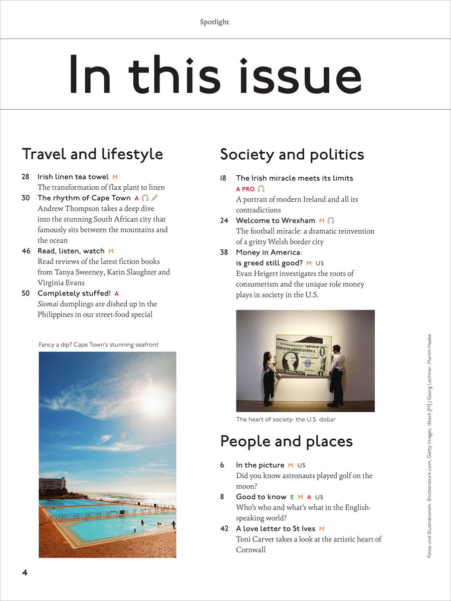Doppelseite des Spotlight Magazins 5/2026 mit dem Inhaltsverzeichnis, klar strukturierte Rubriken zu Reisen, Lifestyle, Gesellschaft, Politik und Reportagen über englischsprachige Welt. Farbfoto von Küste und Schwimmbad in Kapstadt unten links, Farben überwiegend hell.