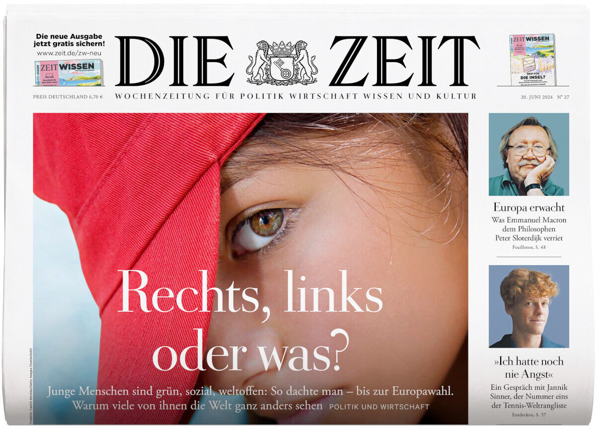 Abbildung der Titelseite der Zeitung DIE ZEIT 27/2024 mit einer Großaufnahme eines halben Gesichts einer Person, die eine rote Mütze trägt, sowie Überschriften zu politischen und gesellschaftlichen Themen.