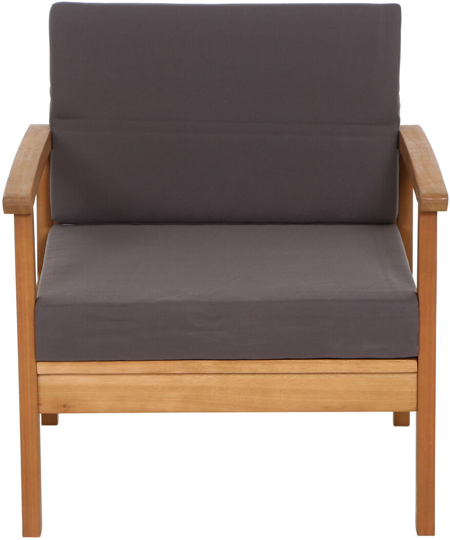 Ein Gartensessel aus Holz mit grauen Polstern, Teil eines 4-teiligen Lounge-Sets namens Tavira Lounge Set 4tlg.