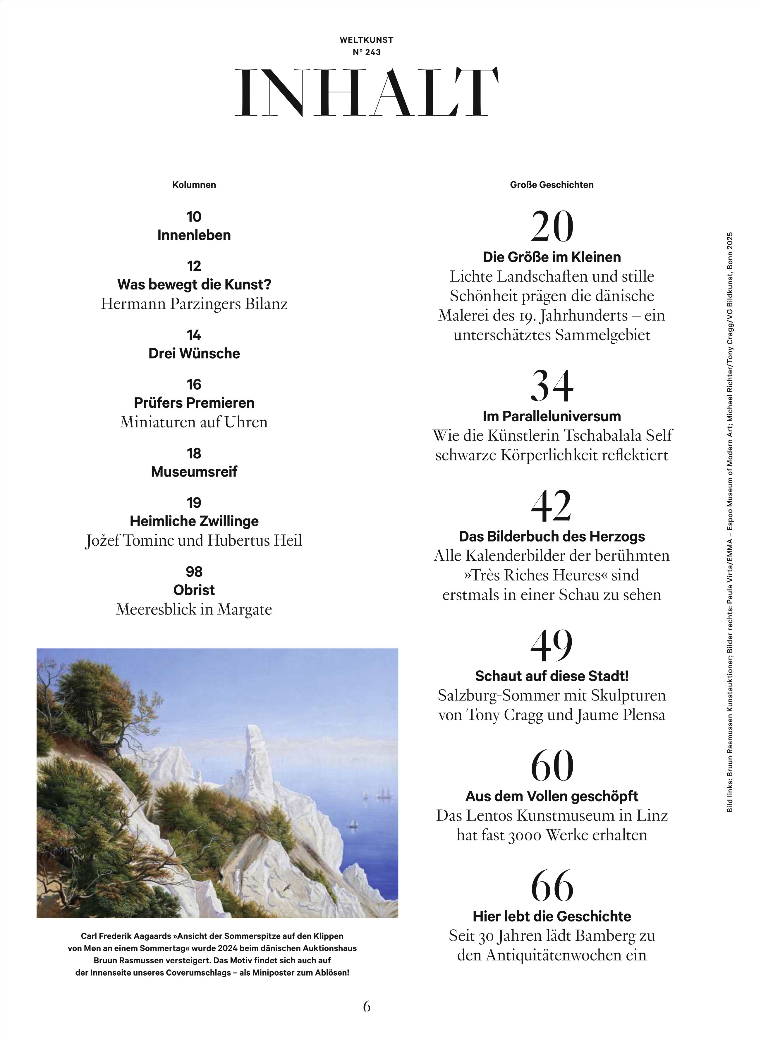Das Titelbild einer Inhaltsseite des Kunstmagazins 'WELTKUNST 243/25 Pop! Die heißesten Ausstellungen im Sommer' zeigt eine übersichtliche Auflistung von Artikeln zu aktuellen kulturellen Themen, Kunsttrends und Ausstellungen mit Text auf weißem Hintergrund und einem kleinen Bild eines Naturgemäldes im unteren Bereich.