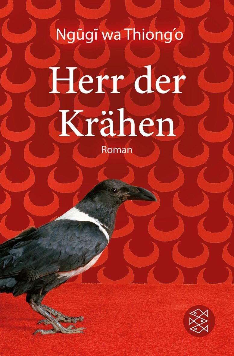 Buchcover von Ngugi wa Thiong'o: 'Herr der Krähen' mit rotem Hintergrund und schwarzen Krähenabbildungen.