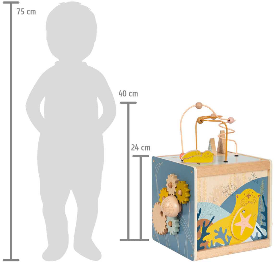 Holz-Motorikspielzeug mit Meeresmotiven, inklusive Zahnrad, Kugelbahn und Fischabbildungen. Kubus ist circa 40 cm hoch und 24 cm breit. Ideal für die Förderung der Motorik und kognitiven Fähigkeiten von Kleinkindern.