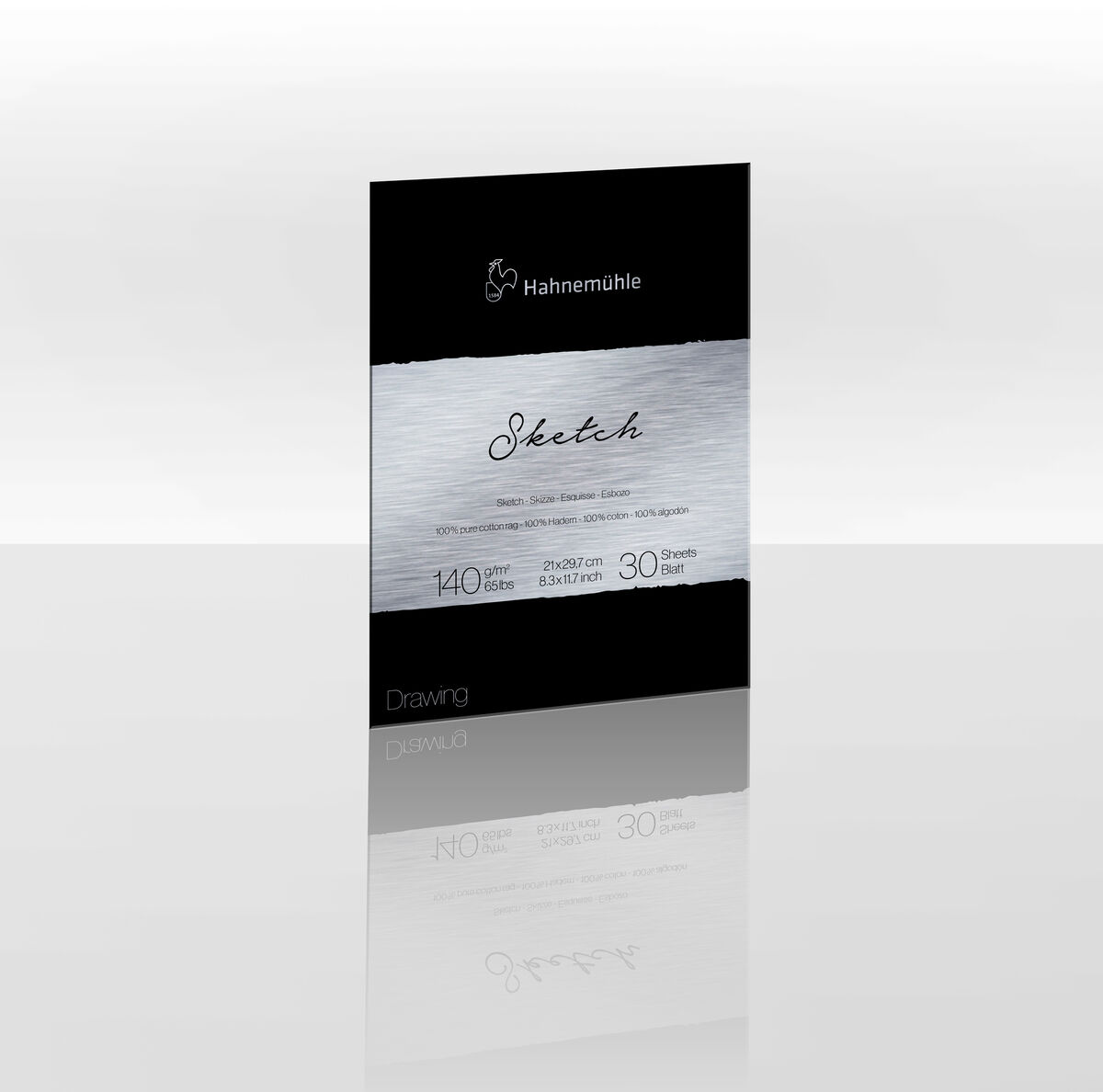 Produktbild von »The Collection »Sketch«, 140 gsm Skizzenpapier« der Marke Hahnemühle. Ein schwarzer Zeichenblock mit 30 Blättern, speziell für Skizzen und Zeichnungen. Das Papier hat eine Grammatur von 140 g/m². Auf der Vorderseite ist das Produktlabel zu sehen.