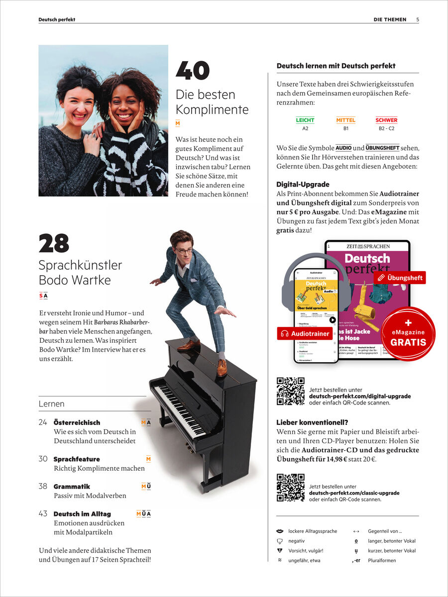 Seite aus dem Magazin 'Deutsch perfekt', oben zwei lachende Frauen, rechts Infobox zum Deutschlernen. Unten ein Mann auf einem Klavier, darunter Themen wie Bodo Wartke, Komplimente, Österreichisch, Modalsätze. Rechts Werbung für das Magazin und Hörversion, abgebildete Ausgaben und QR-Code.