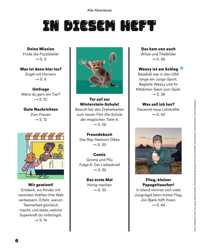 Auf dem Bild ist eine bunte Magazinseite aus einem Kindermagazin mit verschiedenen Artikeln und Bildern zu sehen. Die Seite zeigt eine Listenübersicht mit Themen wie Tiere, Abenteuer, Comics und Lernrätseln, begleitet von Illustrationen und Fotos, passend für Kinder und Familien.
