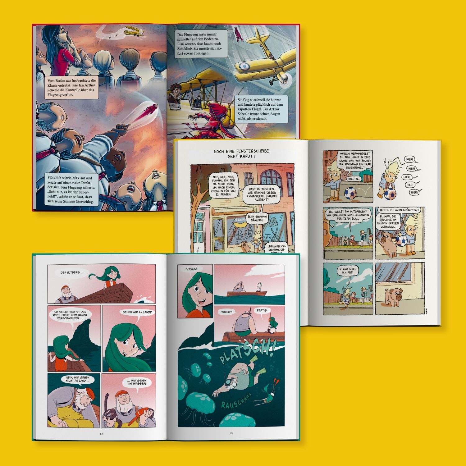 Mehrere Comics aus der ZEIT-Edition 'Comics für Lesestars'. Die Seiten zeigen bunte Illustrationen und Sprechblasen. Ideal für Kinder und Jugendliche zum Lesenlernen und zur Unterhaltung.