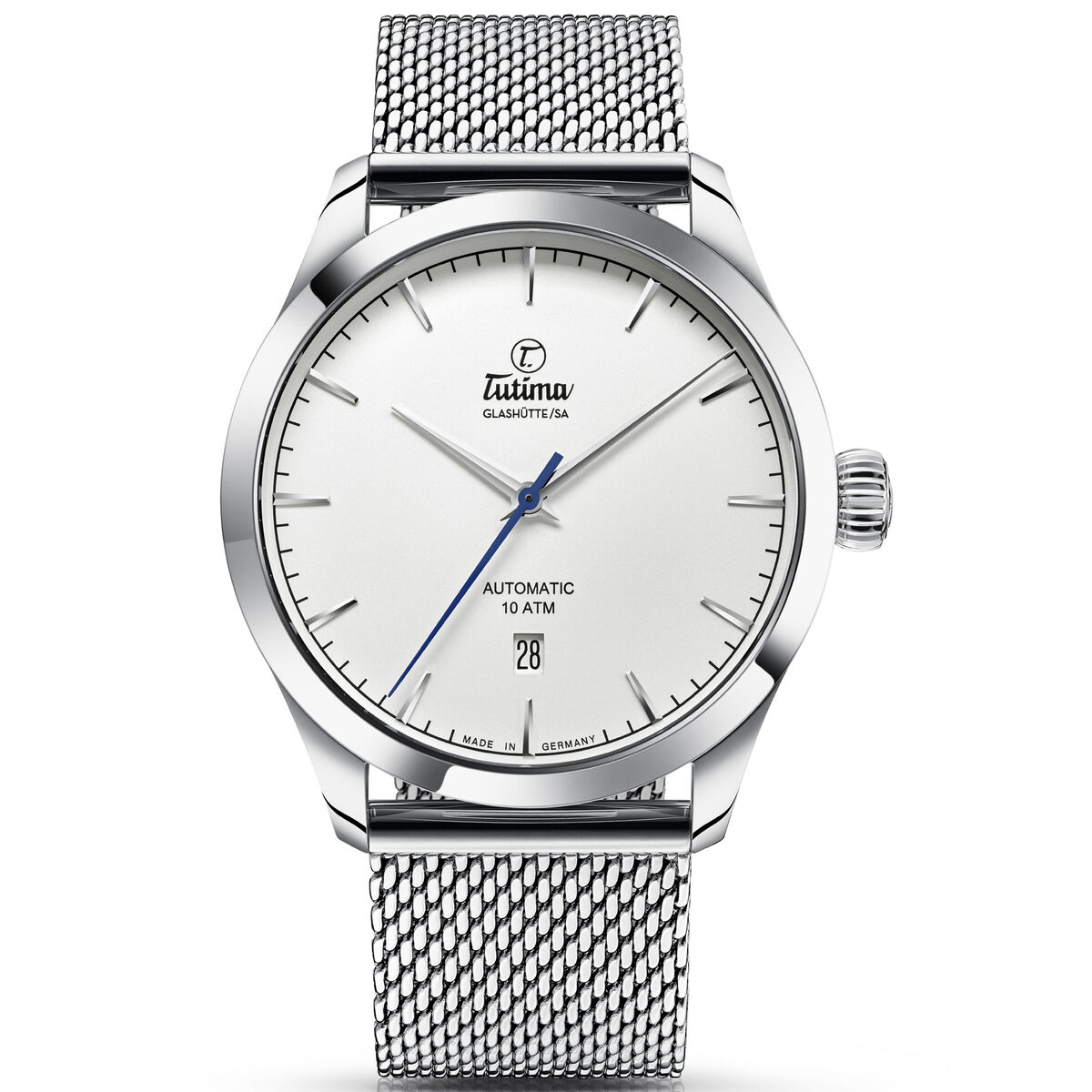 Die ZEIT Sonderedition »Flieger Aero Club« ist eine elegante Automatikuhr mit einem silbernen Mesh-Armband, einem weißen Zifferblatt und blauen Akzenten. Sie verfügt über ein Datum-Fenster und verkörpert klassische Eleganz und deutsche Präzision.