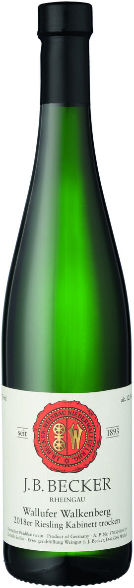 Eine Flasche ZEIT-Weinedition »Rheingau« J.B. Becker 2018er Riesling Kabinett trocken. Die Flasche hat ein grünes Glas und ein weißes Etikett mit rotem Siegel und schwarzem Text.