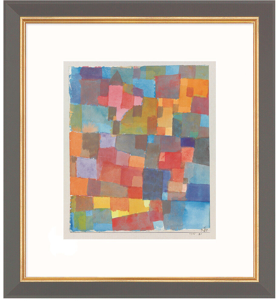 Ein abstraktes Gemälde von Paul Klee mit dem Titel 'Raumarchitekturen (auf Kalt-Warm)' aus dem Jahr 1915. Das Bild zeigt ein Raster aus verschiedenen bunten geometrischen Formen in blauen, roten, orangen, gelben, grünen und grauen Farbtönen, gerahmt in einem dunklen Holzrahmen.