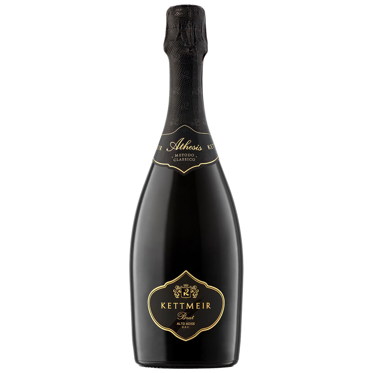 Abgebildet ist eine elegante, schwarze Sektflasche der ZEIT-Weinedition »KETTMEIR« von Herita s.p.a. Das Etikett sowie der Flaschenhals sind mit goldenen Verzierungen und Schriftzügen gestaltet. Die Flasche steht aufrecht vor weißem Hintergrund und vermittelt einen hochwertigen Eindruck.