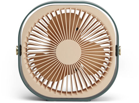 Ein tragbarer Ventilator der Marke »Fantastic« in den Farben Beige und Grün. Der Ventilator hat ein kompaktes, quadratisches Design mit einem runden Gitter in der Mitte, das die Lüfterblätter schützt.