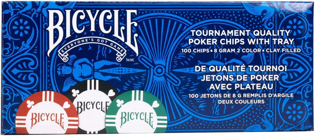 Verpackung von Pokerchips der Marke Bicycle in Turnierqualität mit 100 Chips und einem Tablett, in verschiedenen Farben wie Blau, Rot, Grün, Weiß und Schwarz.