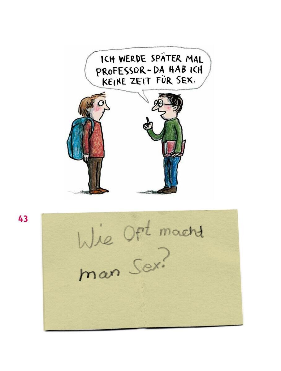 Eine humorvolle Illustration zeigt zwei Comic-Figuren, eine mit einem blauen Rucksack und brauner Hose, die andere mit einem grünen Pullover und einer roten Mappe. Die Figur mit dem Rucksack sagt: 'Ich werde später mal Professor - da hab ich keine Zeit für Sex.' Darunter befindet sich ein gelber Zettel mit der handgeschriebenen Frage: 'Wie oft macht man Sex?'
