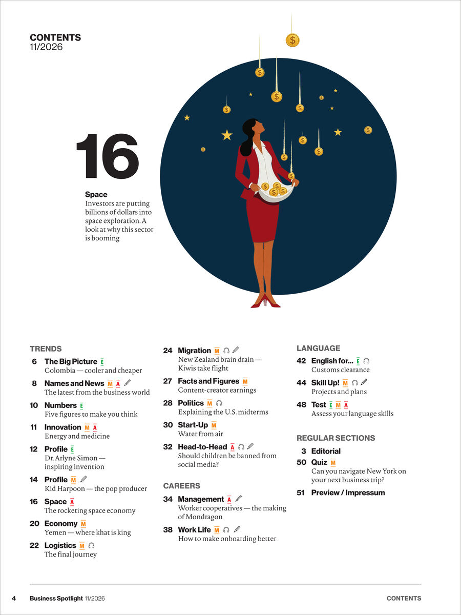 Inhaltsseite des Magazins Business Spotlight 11/2026 auf weißem Grund. Oben steht „Contents“. Links groß die Zahl 16 mit Titelthema zu Milliarden mit Tieren und illegalem Wildtierhandel. Illustration einer Frau im roten Kostüm vor dunkelblauem Kreis mit goldenen Münzen. Unten zweispaltige Themenliste mit Seitenzahlen.