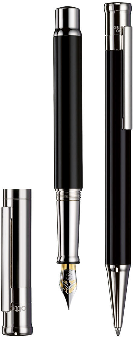 Ein hochwertiges Schreibset namens »Design 04«, bestehend aus einem Füllfederhalter und einem Kugelschreiber. Beide Schreibgeräte haben einen eleganten schwarzen Körper mit silbernen Akzenten und sind nebeneinander platziert, wobei der Füllfederhalter seinen Deckel daneben hat.