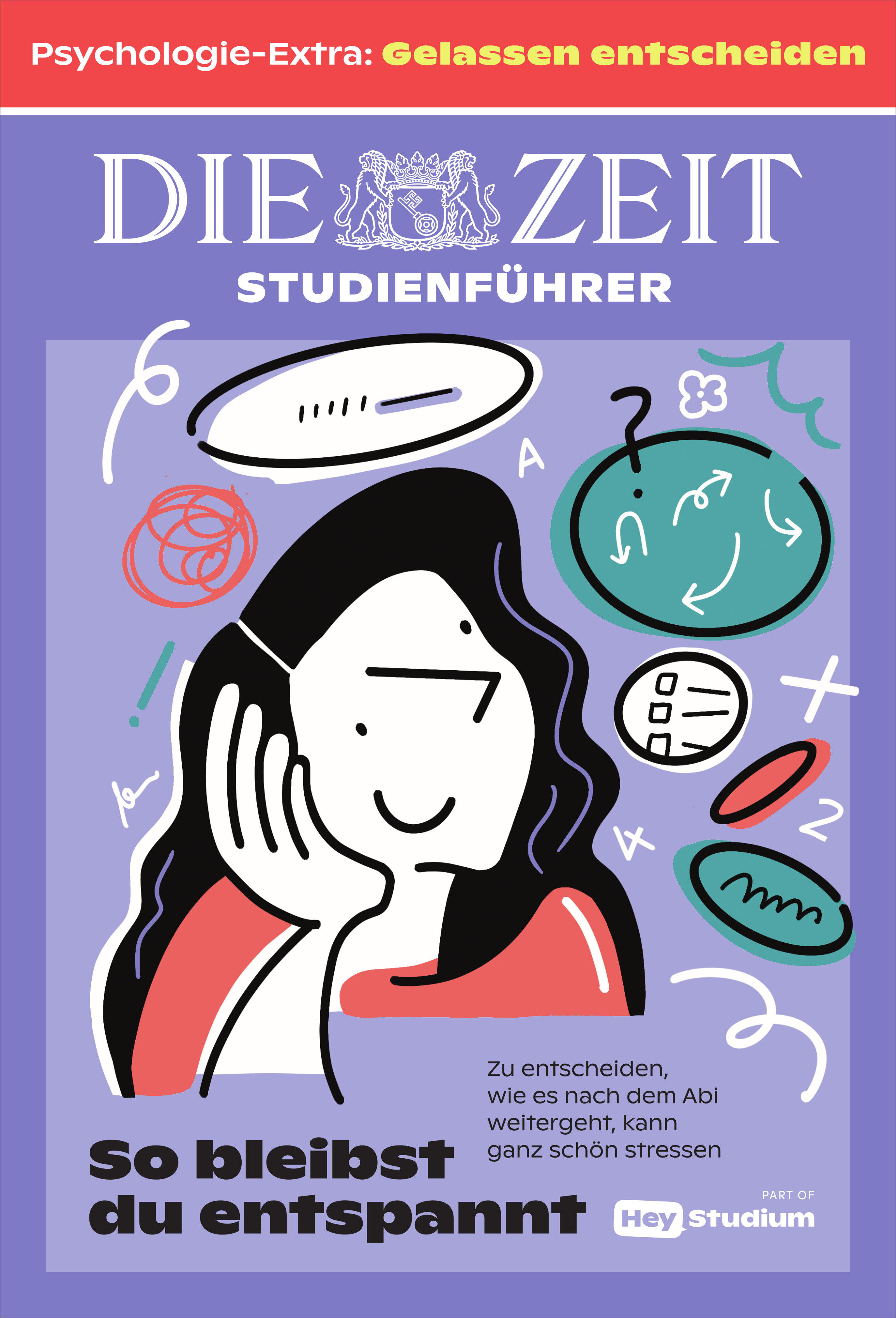 Das Cover des ZEIT Studienführer 2026 zeigt eine stilisierte, nachdenkliche Person in Schwarzweiß mit grafischen Symbolen wie Uhr, Sprechblasen und chaotischen Linien um den Kopf. Der Hintergrund ist lila, oben steht der Titel, unten Hinweise zur entspannten Studienwahl.