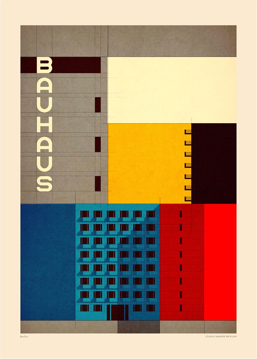 Ein moderner Bauhaus-Poster von Sander Patelski zeigt geometrische Formen und Farblöcke in Beige, Schwarz, Gelb, Blau und Rot, eingerahmt in einem stilvollen Rahmen.