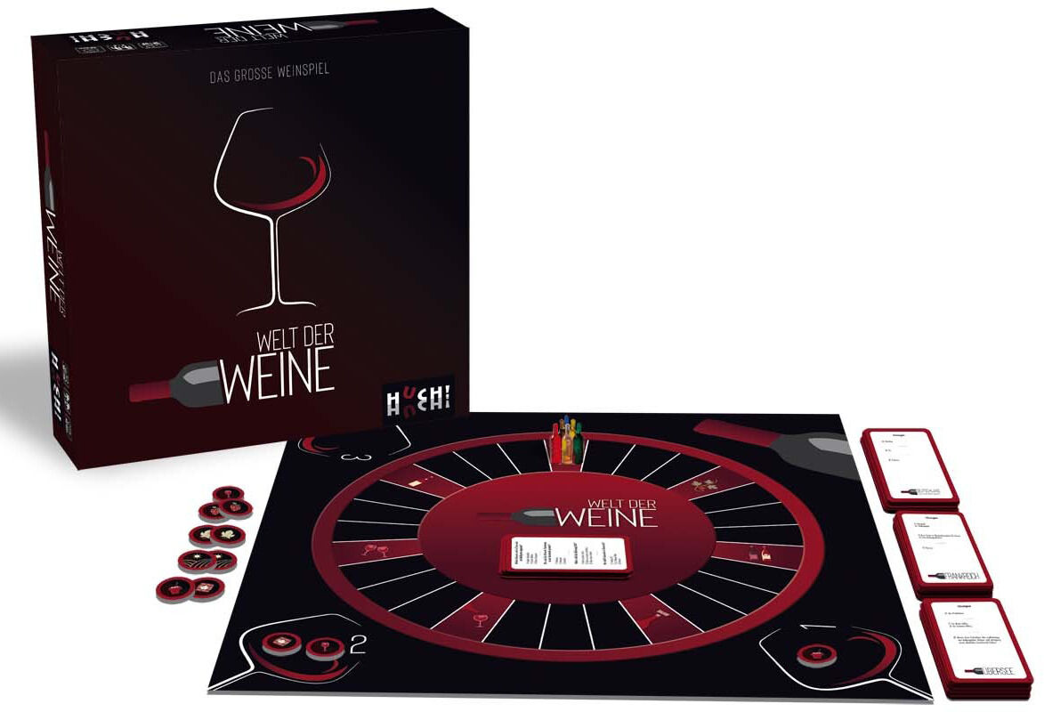 Das Bild zeigt das Brettspiel 'Welt der Weine' mit einer Spielbox, einem runden Spielbrett mit roten und schwarzen Elementen, Karten und Spielmarken, ideal für Weinliebhaber.