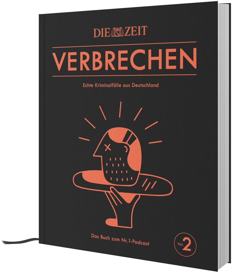 Cover des Buches ZEIT-Edition »VERBRECHEN Vol. 2« mit schwarzem Hintergrund, orangenem Titel und einer Illustration eines stilisierten menschlichen Kopfes.