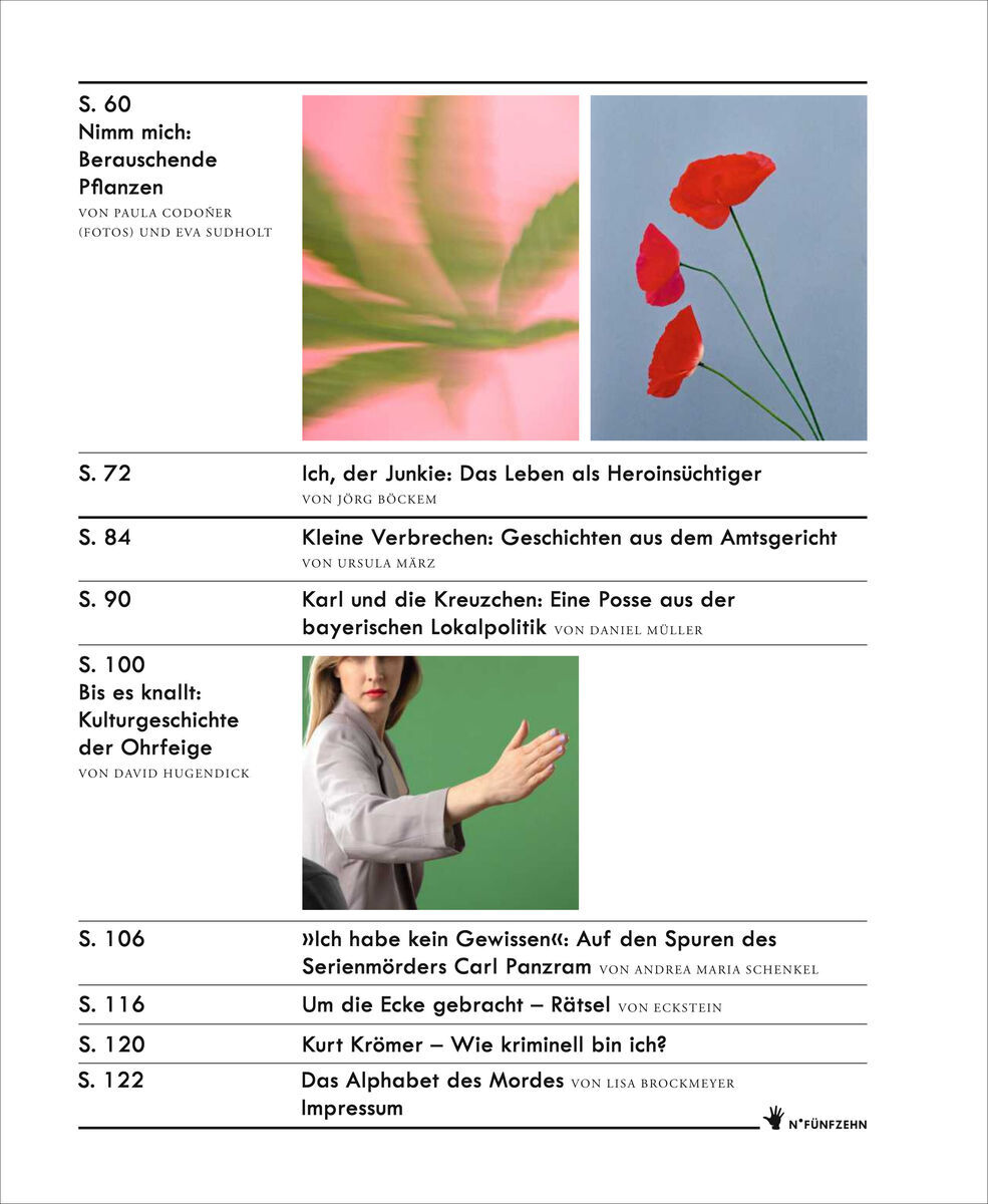Titelblatt und Inhaltsverzeichnis der Ausgabe ZEIT VERBRECHEN 15/22. Enthält Fotografie von Mohnblumen und einem Blatt sowie Artikelübersichten.
