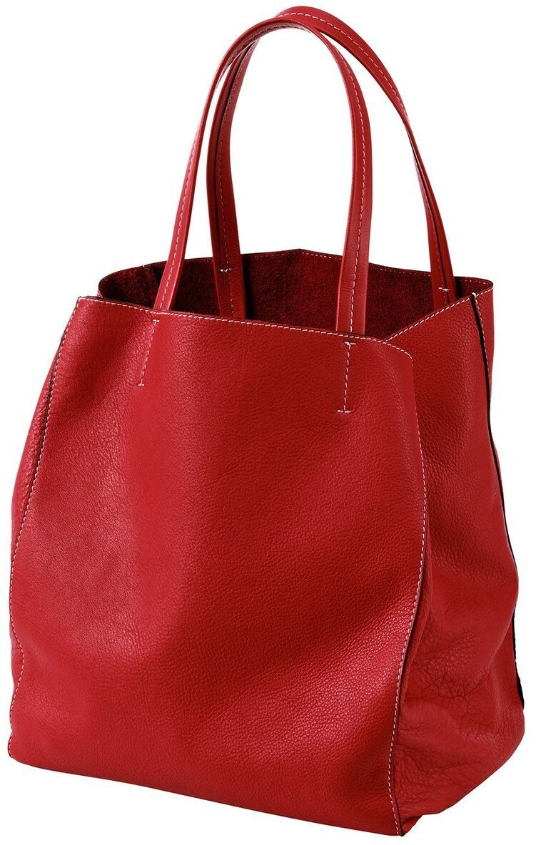 Rote Lederhandtasche mit zwei Henkeln, die in schlichtem und elegantem Design gehalten ist.