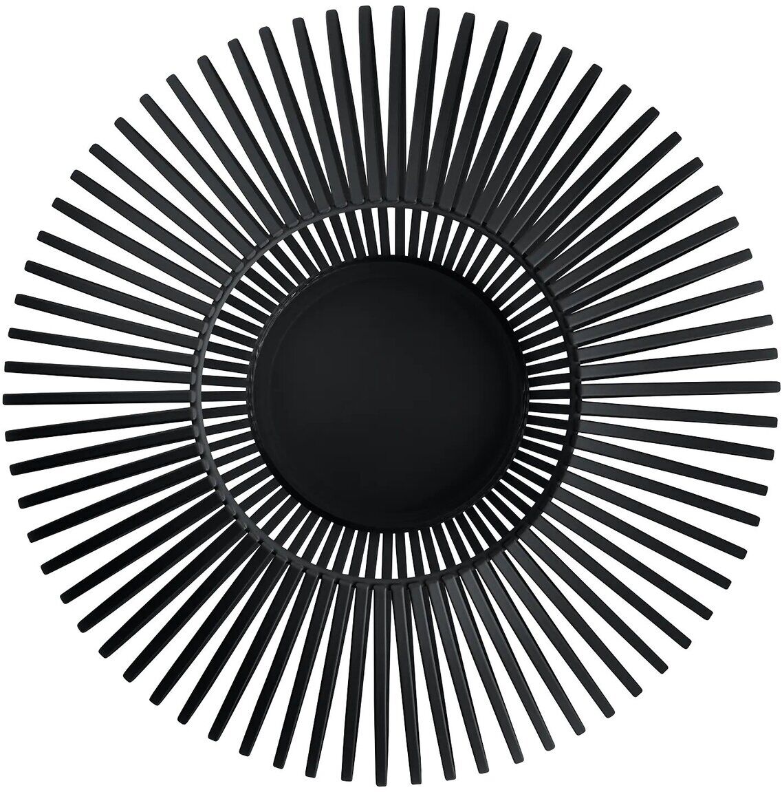 Runde, schwarze Laterne aus Metall mit strahlenförmig angeordneten Streben, im modernen, minimalistischen Design. Die Laterne eignet sich als dekoratives Wohnaccessoire für Innen- und Außenbereiche.