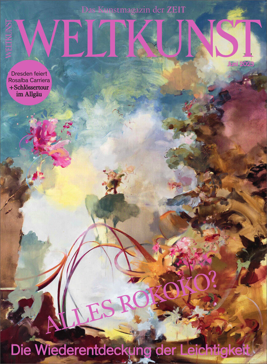 Das Cover des Kunstmagazins WELTKUNST Ausgabe 213/23 mit dem Thema 'ALLES ROKOKO?', zeigt eine farbenfrohe, abstrakte Darstellung in Aquarellfarben, mit dominierenden Tönen in Pink, Rosa und Blau. Am oberen Rand des Covers ist der Titel 'WELTKUNST' in großen Buchstaben abgedruckt.