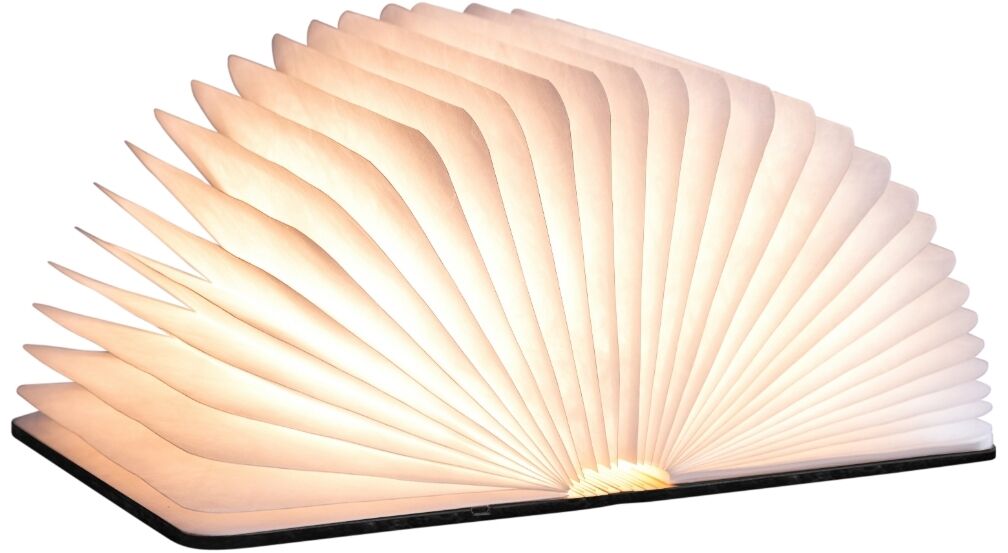Das Bild zeigt eine Smart Booklight in Form eines aufgeschlagenen Buches mit einem Umschlag aus schwarzem Leder. Die Buchseiten bestehen aus einer weißen, lichtdurchlässigen Folie, die ein sanftes, warmes Licht ausstrahlt. Diese moderne und stilvolle LED-Lampe eignet sich ideal als Leseleuchte oder dekoratives Stimmungslicht.