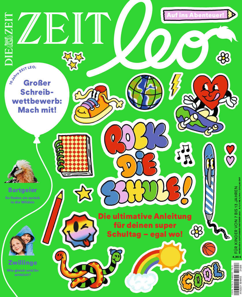 Das Titelbild der Ausgabe ZEIT LEO 6/21 zeigt bunte Illustrationen und Sticker mit verschiedenen Schulthemen auf grünem Hintergrund. Oben steht das Logo 'ZEIT LEO' und ein Aufruf zum Schreibwettbewerb. In der Mitte befindet sich der Schriftzug 'Rock die Schule!' in bunten Buchstaben.
