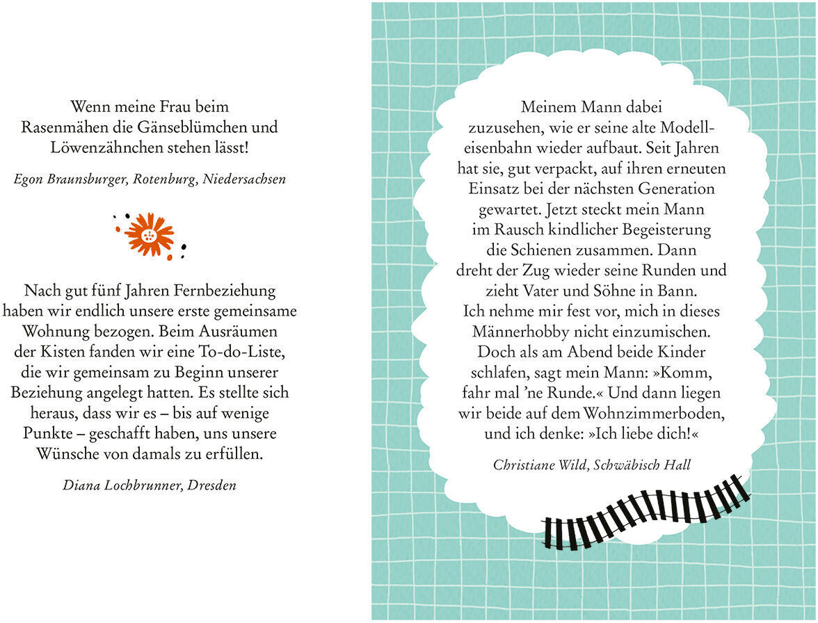 Die Seite aus dem Buch 'Was mein Leben reicher macht: »Liebe«' zeigt Zitate und kurze Geschichten über die Bedeutung der Liebe und der Beziehungen. Der Hintergrund ist in einem schlichten Grün gehalten mit weißem Schriftfeld in der Mitte, geschmückt mit Orange und Schwarz.