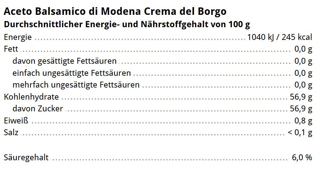 Flasche Aceto Balsamico di Modena Crema del Borgo mit Nährwerttabelle. Die Creme eignet sich ideal zum Verfeinern von Salaten, Saucen und mediterranen Gerichten. Hochwertige, italienische Delikatesse, abgebildet mit klarer Beschriftung und Zutatenübersicht.