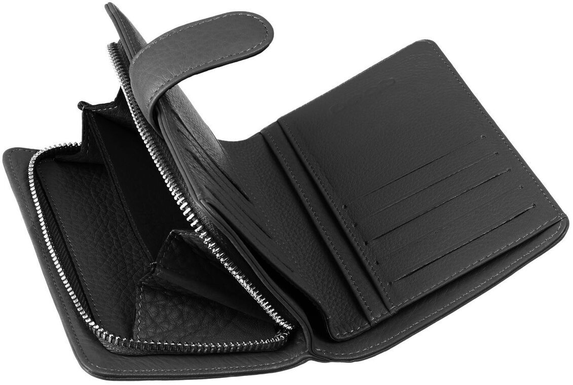 Schwarze Leder-Geldbörse mit Druckknopfverschluss und Zip, Innenansicht zeigt mehrere Kartenfächer und ein Münzfach mit Reißverschluss.