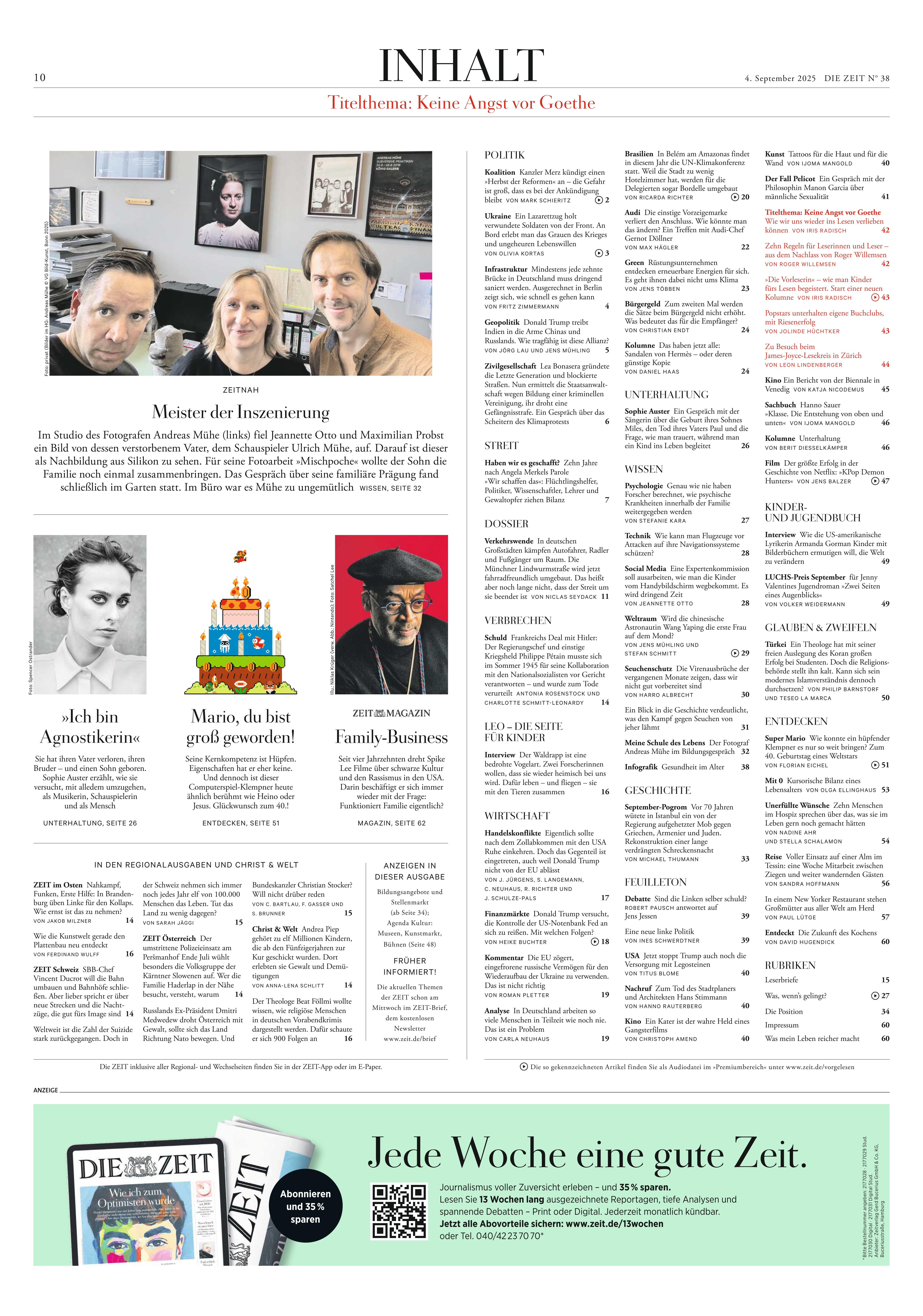 Titelseite und Inhaltsverzeichnis der Wochenzeitung DIE ZEIT Ausgabe 38/2025 mit Fotos, Texten und Inhaltspunkten zu aktuellen gesellschaftlichen, politischen und kulturellen Themen.